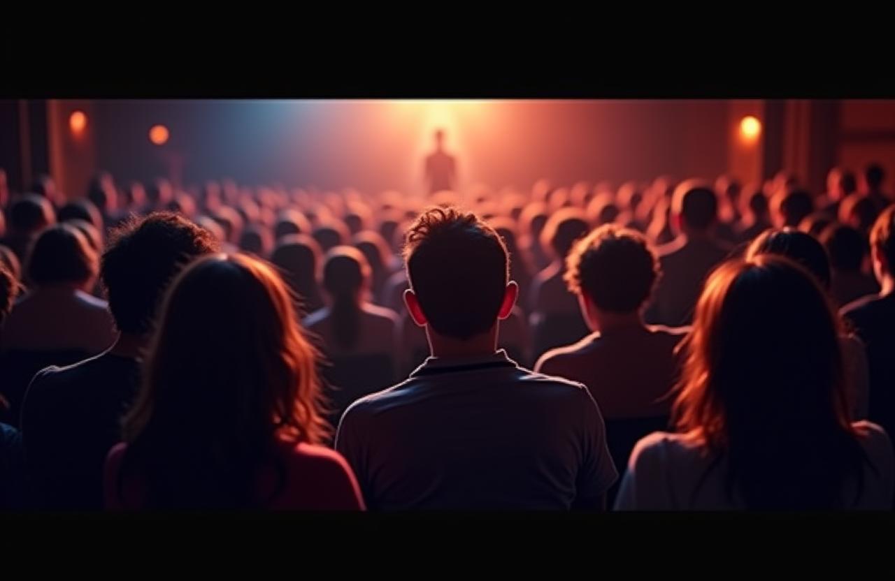 A packed, dimly lit comedy club with the audience laughing heartily.