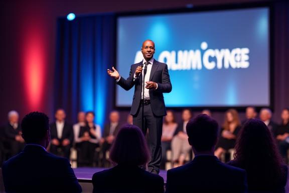 A comedian performing on a stage at a corporate conference.