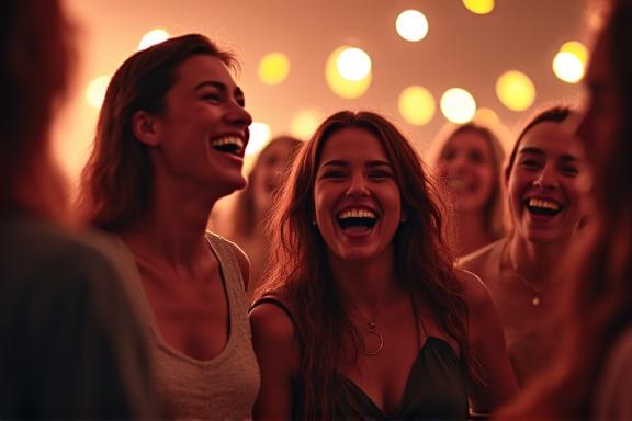 A group of people laughing at a birthday party with a comedian.
